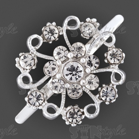 Брошь металлическая, крепление усики, диаметр 22 мм, цвет серебряный+белые стразы фото 1