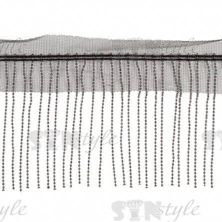 Декоративная тесьма с бахромой отделочная на сетке, ширина 50 мм, цвет черный+цепочка темный никель, намотка 25 ярдов фото 3