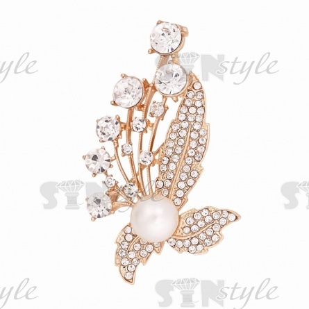 Брошь металлическая со стразами, застежка булавка, цвет золото+белые стразы+белая бусина,размер 38х65 мм фото 1