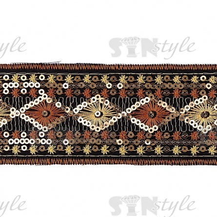 Тесьма отделочная на сетке, расшитая пайетками, цвет черный+золотой+коричневый, ширина 50 мм, намотка 10 ярдов  фото 1