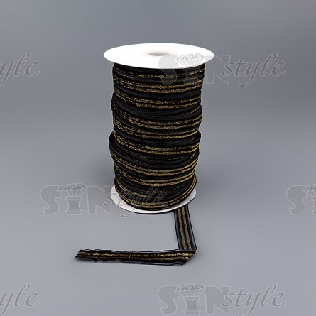 Лента бархатная с люрексом, ширина 15 мм, цвет черный+золотой, намотка 50 ярдов фото 3