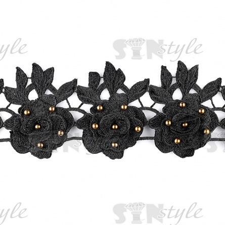 Кружево ажурное с отделкой,  нежные бутоны роз, усыпанные бусинами, словно капельками росы, ширина 100 мм, намотка 15 ярдов, цвет черный фото 2