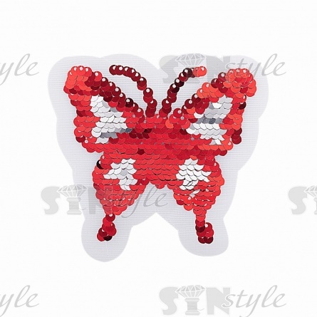 Аппликация на сетке из пайеток "Бабочка", размер 90 х 85 мм, цвет красный+серебряный, рулон 82 шт. фото 1