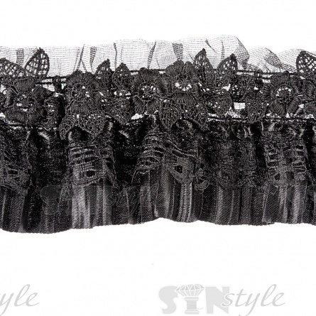 Кружево ажурное с отделкой, нежное переплетение гирлянды цветочных мотивов с короткой плиссеровкой по всей длине, ширина 80 мм, намотка 15 ярдов, цвет черный  фото 1