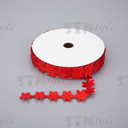 Декоративная лента из цветочков, цвет красный, ширина 20 мм, намотка 20 ярдов фото 1