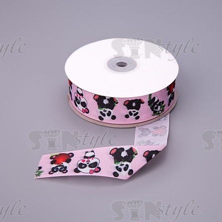 Лента репсовая, с принтом "панда", ширина 25 мм, цвет розовый, намотка 20 ярдов фото 1