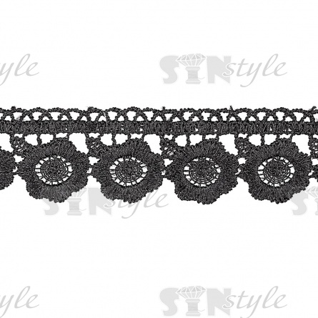 Кружево ажурное с цветочным орнаментом и фестонами по контуру, ширина 33 мм, цвет черный, намотка 15 ярдов фото 2