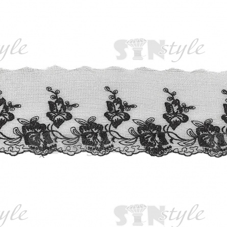 Нежное воздушное кружево на сетке с цветочными мотивами и фигурным краем, цвет черный, ширина 80 мм, намотка 15 ярдов фото 1