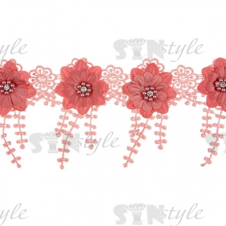 Тонкое ажурное кружево, декорированное цветами, бусинами и стразами, ширина 90 мм, цвет грязно-розовый, намотка 10 ярдов  фото 1