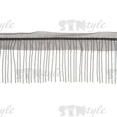 Декоративная тесьма с бахромой отделочная на сетке, ширина 50 мм, цвет черный+цепочка темный никель, намотка 25 ярдов фото 1