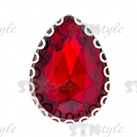 Стразы пришивные, стеклянные в оправе, форма капля, цвет серебро+красный, размер 13х18 мм фото 1