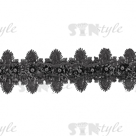 Кружево ажурное с отделкой,  на нежной ажурной основе россыпь бутонов розочек с бусиной в середине цветка, ширина 45 мм, намотка 15 ярдов, цвет черный  фото 2