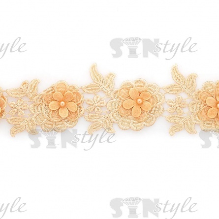 Кружево Цветочное, воздушная цветочная гирлянда с бусиной в центре цветка, намотка  10 ярдов, ширина 65 мм, цвет горчичный фото 3