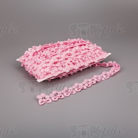 Кружево ажурное в виде бантиков с цветочками и бусинами, ширина 30 мм, намотка 15 ярдов, цвет розовый фото 3