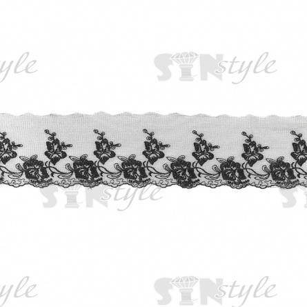 Нежное воздушное кружево на сетке с цветочными мотивами и фигурным краем, цвет черный, ширина 80 мм, намотка 15 ярдов фото 2