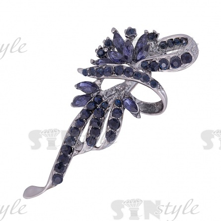 Брошь металлическая со стразами, цвет никель+синие стразы, застежка булавка, размер 25х63 мм фото 1