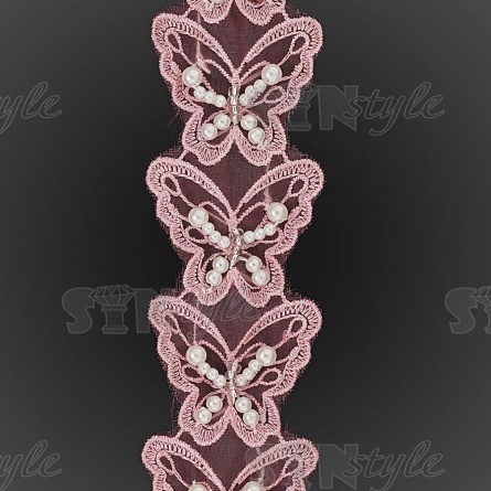 Кружево "Бабочки", гирлянда из нежных бабочек декорирована бусинами, ширина 45 мм, цвет розовый, намотка 10 ярдов фото 2