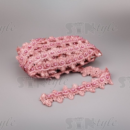 Кружево ажурное с отделкой,  на нежной ажурной основе россыпь бутонов розочек с бусиной в середине цветка, ширина 45 мм, намотка 15 ярдов, цвет старо-розовый  фото 3