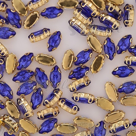 Стразы пришивные акриловые в цапах, форма лодочка, цвет золото+синий, размер 5х10 мм, 200 шт/уп фото 3