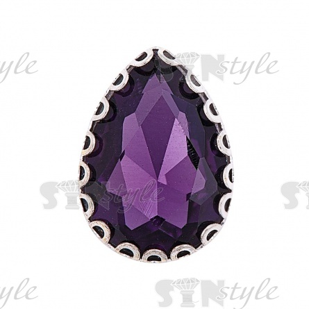 Стразы пришивные, стеклянные в оправе, форма капля, цвет серебро+фиолетовый, размер 10х14 мм фото 1