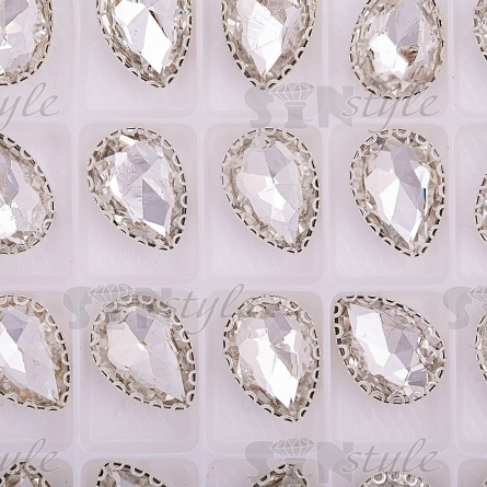 Стразы пришивные стеклянные в оправе, форма капля, цвет серебро+белый прозрачный, размер 10х14 мм фото 3