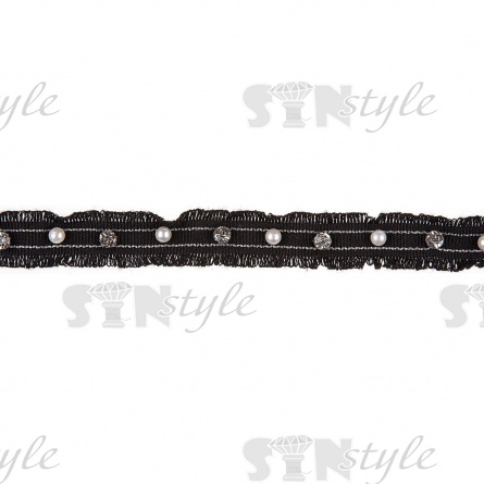 Тесьма отделочная с бахромой, декорирована серебряным люрексом и белыми бусинами и стразами, ширина 20 мм, намотка 15 ярдов, цвет черный  фото 2