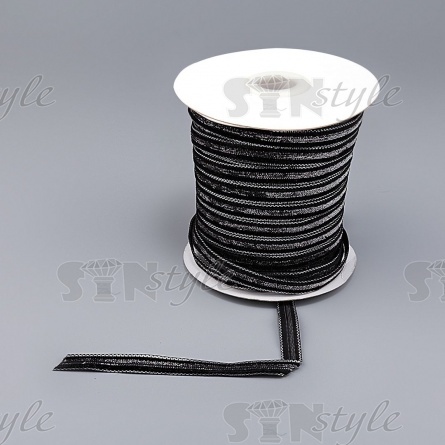 Лента бархатная с люрексом, ширина 10 мм, цвет черный+серебряный, намотка 50 ярдов фото 3