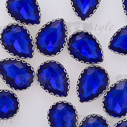 Стразы пришивные, стеклянные в оправе, форма капля, цвет серебро+синий, размер 13х18 мм фото 4
