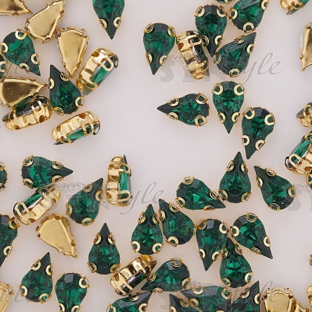 Стразы пришивные акриловые в цапах, форма капля, цвет золото+зеленый, размер 6х10мм, 200 шт/уп фото 3