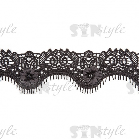 Кружево ажурное с отделкой, нежнейшее тонкое переплетение гирлянды цветочными мотивами с бусиной в центре цветка и тонкой бахромой по краю изделия по всей длине, ширина 55 мм, намотка 15 ярдов, цвет черный  фото 3