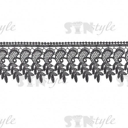 Кружево ажурное с нежным растительным орнаментом и фестонами по краям, ширина 95 мм, цвет черный, намотка 15 ярдов фото 1