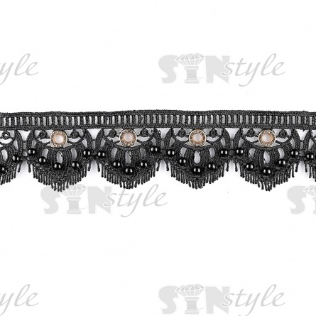 Кружево ажурное с золотыми люверсами, черными бусинами и белыми стразами, ширина 60 мм, намотка 15 ярдов, цвет черный фото 2