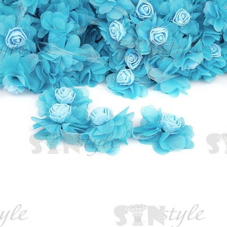 Кружево "Цветочки" на капроновой ленте, нежная цветочная гирлянда из объемных цветов, ширина 60 мм, цвет светло-синий (142), намотка 10 ярдов фото 1