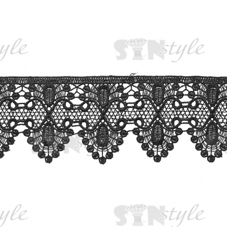 Кружево ажурное с нежным причудливым орнаментом и фестонами по краю, ширина 80 мм, цвет черный, намотка 15 ярдов фото 1