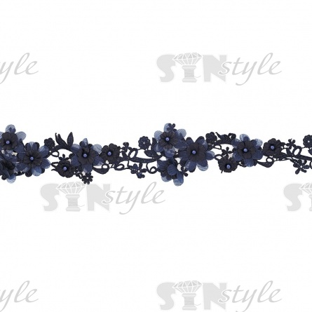 Кружево "Цветочное", воздушная цветочная гирлянда с бусиной в центре каждого цветка, ширина 85 мм, намотка 10 ярдов, цвет темно-синий фото 3