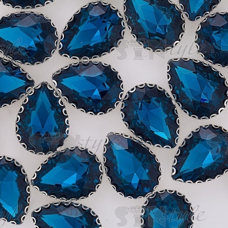 Стразы пришивные, стеклянные в оправе, форма капля, цвет серебро+темно-бирюзовый, размер 13*18 мм фото 4