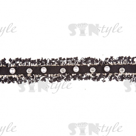 Тесьма-букле черного цвета, расшитая белыми бусинами и стразами, ширина 30 мм, намотка 15 ярдов  фото 2