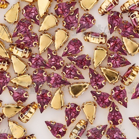 Стразы пришивные акриловые в цапах, форма капля, цвет золото+грязно-розовый, размер 6х10мм, 200 шт/уп. фото 3