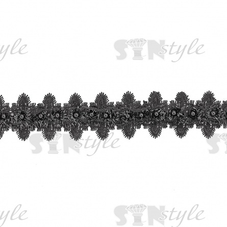 Кружево ажурное с отделкой,  на нежной ажурной основе россыпь бутонов розочек с бусиной в середине цветка, ширина 45 мм, намотка 15 ярдов, цвет черный  фото 1