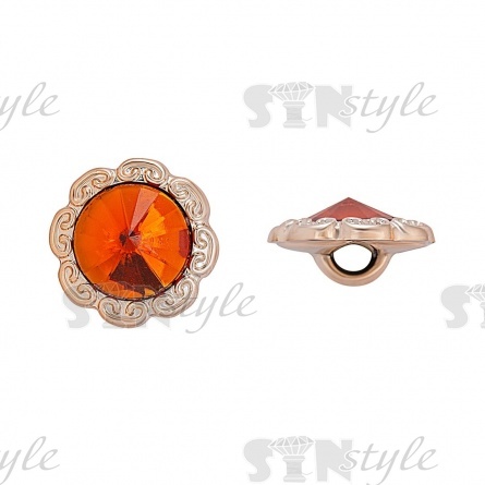 Пуговица пластиковая на ножке, круглая с ажурным бортиком, основа золотая, вставка в виде оранжевой стразы, 28L фото 1