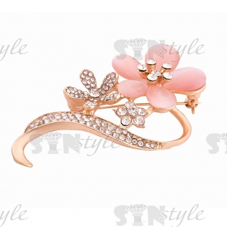 Брошь металлическая со стразами, застежка булавка, 33х58 мм, цвет золото+белые и розовые стразы фото 2