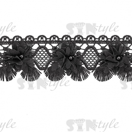 Кружево ажурное с цветочной отделкой и бусинами, ширина 60 мм, цвет черный, намотка 10 ярдов фото 2