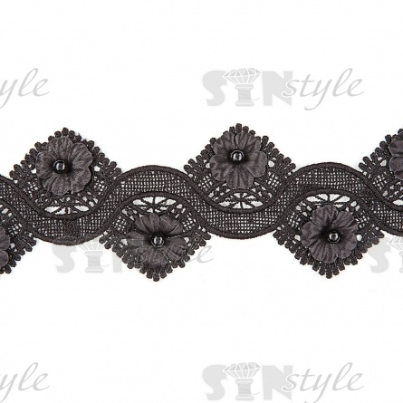 Кружево ажурное с отделкой, нежнейшее тонкое переплетение гирлянды с цветочными мотивами с бусиной в центре цветка в интересной зигзагообразной форме, ширина 45 мм, намотка 15 ярдов, цвет черный фото 3