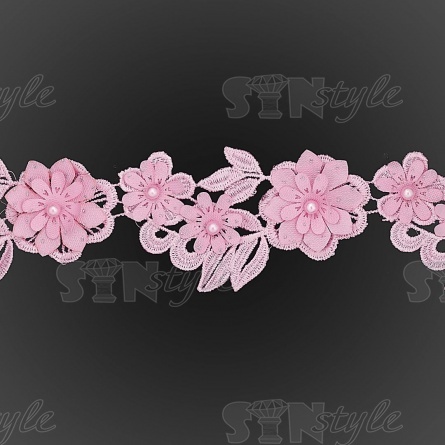Кружево "Цветочное", ширина 55 мм, цвет розовый, бусины в цвет кружева, намотка 10 ярдов  фото 2