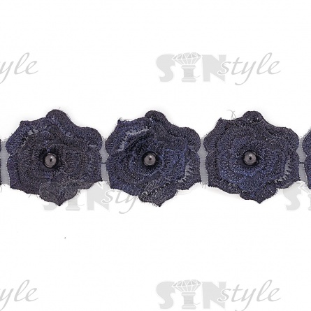 Кружево "Цветочки" украшено бусиной , на капроновой ленте, ширина 55 мм, цвет темно-синий, намотка 20 ярдов фото 3