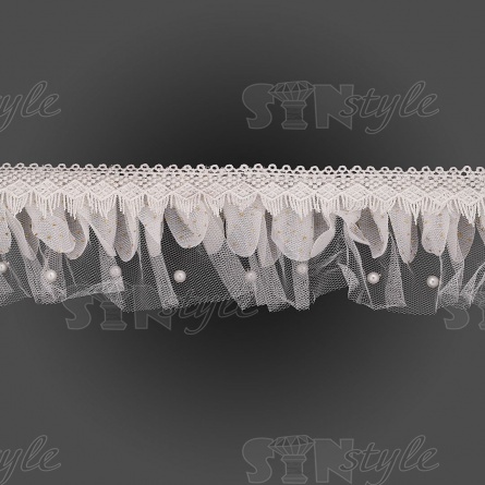 Сборка из сетки, задекорированная ажурным кружевом и бусинами в цвет кружева, ширина 70 мм, цвет белый, намотка 10 ярдов  фото 3