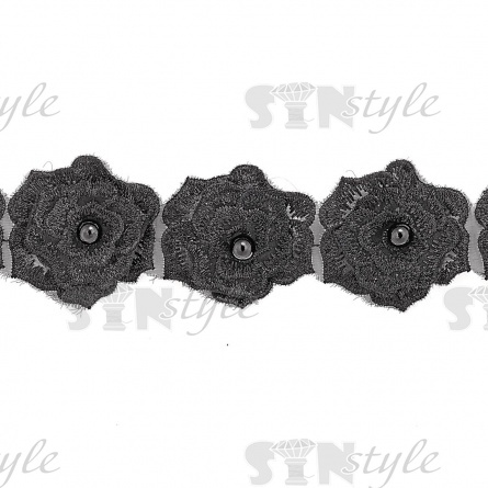 Кружево "Цветочки" украшено бусиной, на капроновой ленте, ширина 55 мм, цвет  черный (6), намотка 20 ярдов фото 3