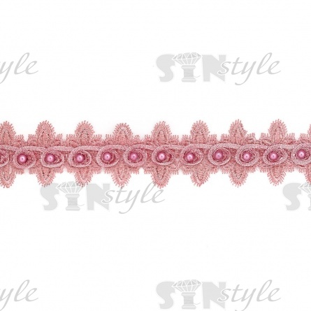 Кружево ажурное с отделкой,  на нежной ажурной основе россыпь бутонов розочек с бусиной в середине цветка, ширина 45 мм, намотка 15 ярдов, цвет старо-розовый  фото 1