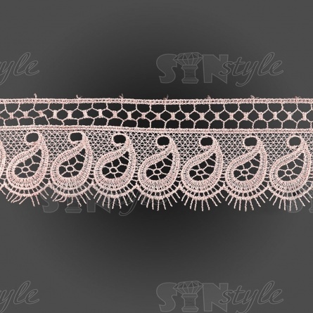 Кружево ажурное с "огуречным" орнаментом и ресничками по фестончатомы краю, ширина 75 мм, цвет пыльно-розовый, намотка 15 ярдов фото 1