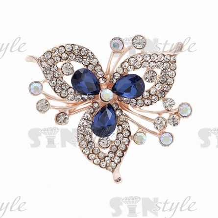 Брошь металлическая со стразами, застежка булавка, цвет золото+белые+синие стразы, размер 42х47 мм фото 1